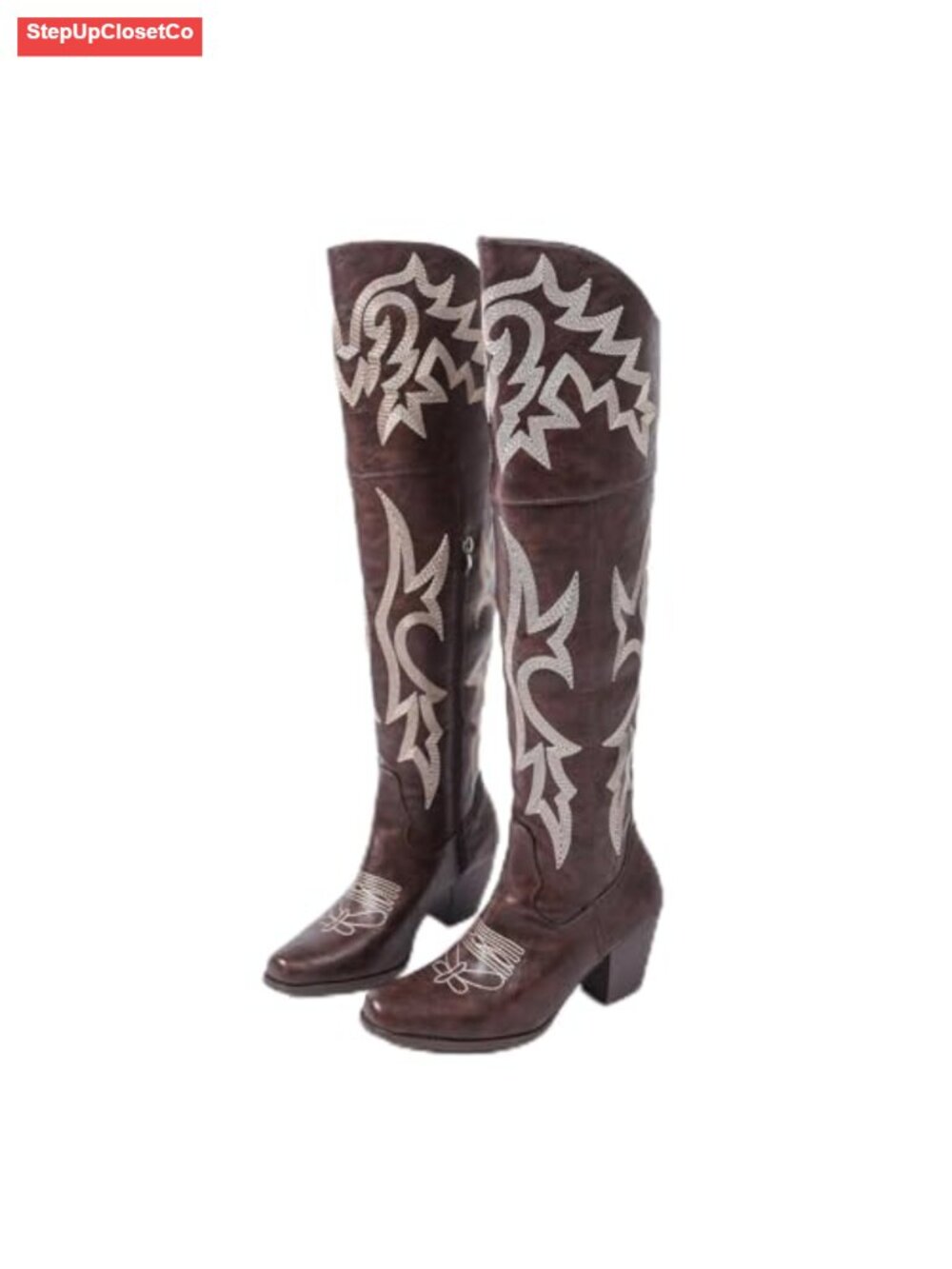 Embroidered Over-the-Knee Cowboy Boots Square Toe PU Leather Chunky Heel